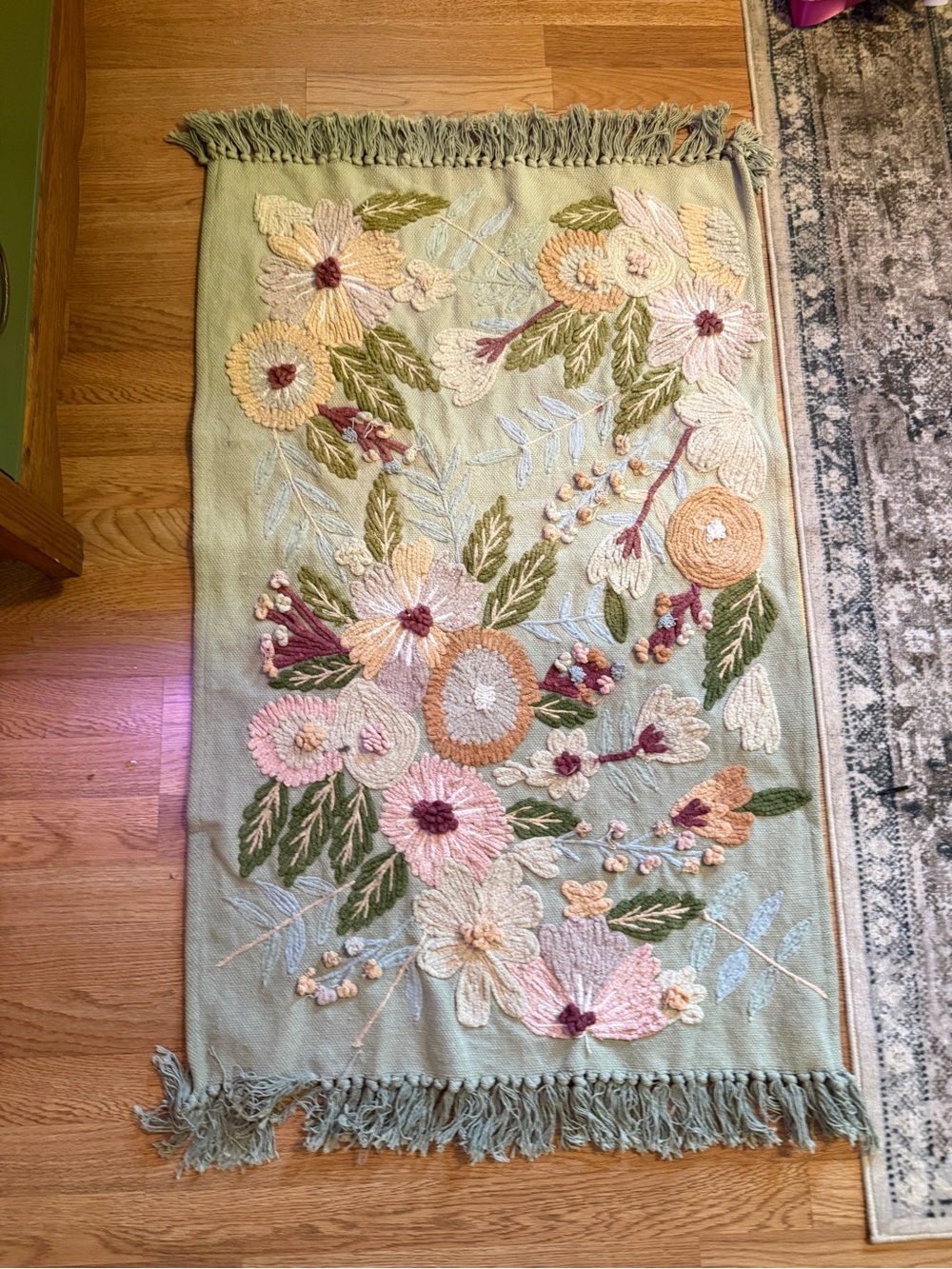 Sage green 100% cotton spun detail flower rug